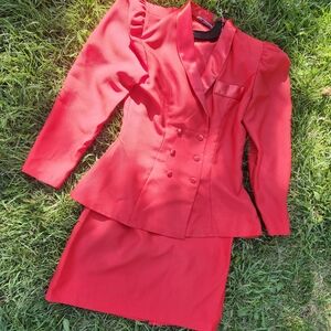 Vintage 90s 80s Holiday Red Double-Breasted Skirt Suit Blazer Satin Details